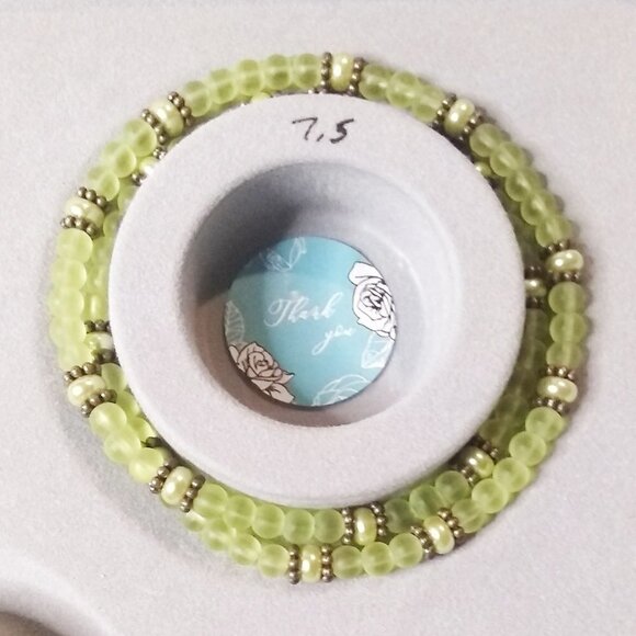 Wrap Bracelet! Dainty Slim + Feminine! Green Glass Beads + Faux Pearls + Copper - Picture 6 of 6